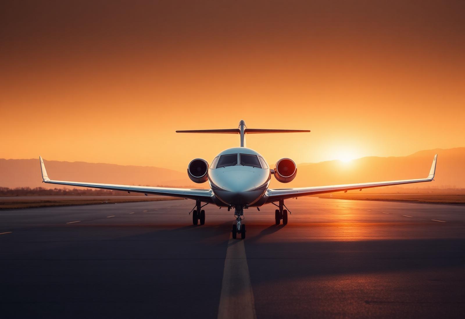 Private jet on a runway at golden hour