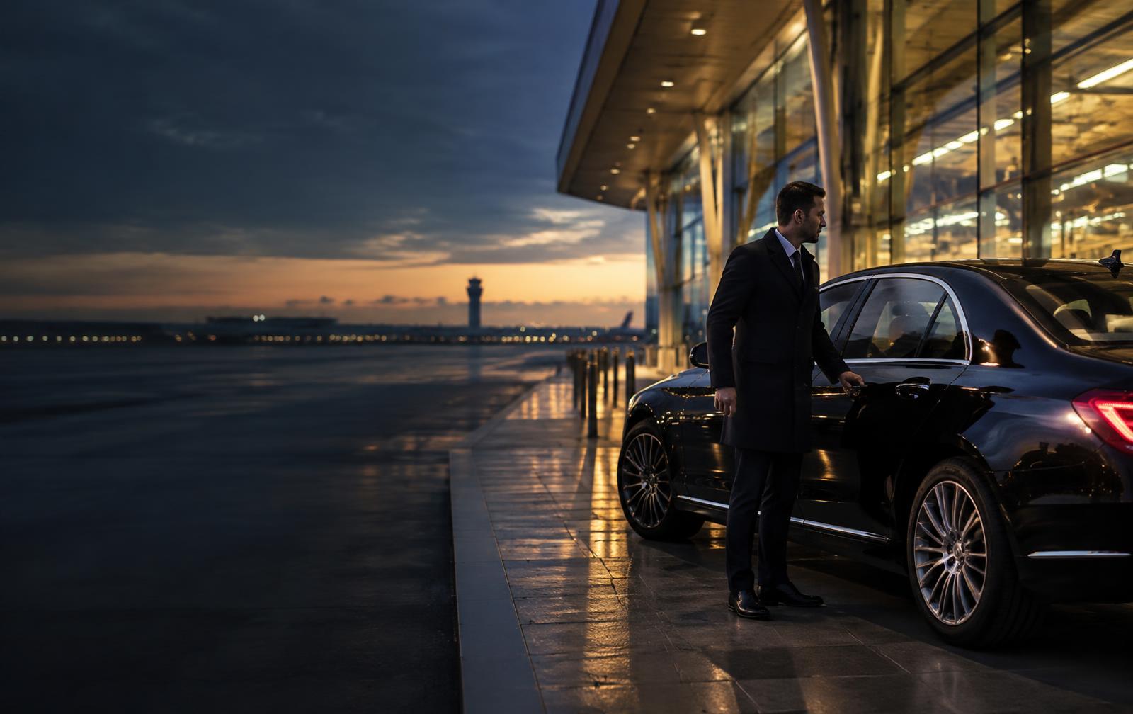 Chauffeur meeting a passenger beside a luxury sedan at the airport